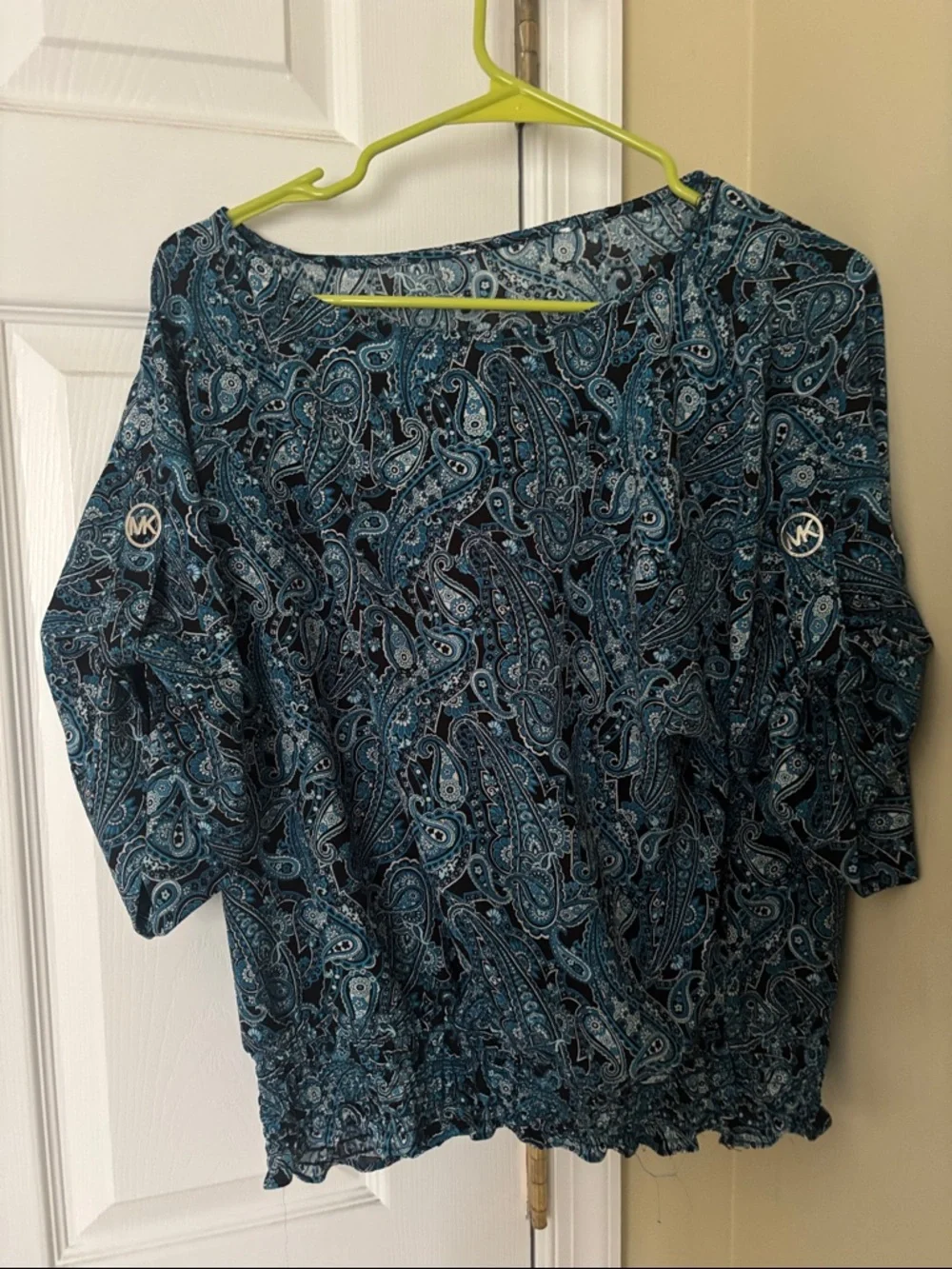 Michael Kors Teal and Navy Paisley Puff-Sleeve Top